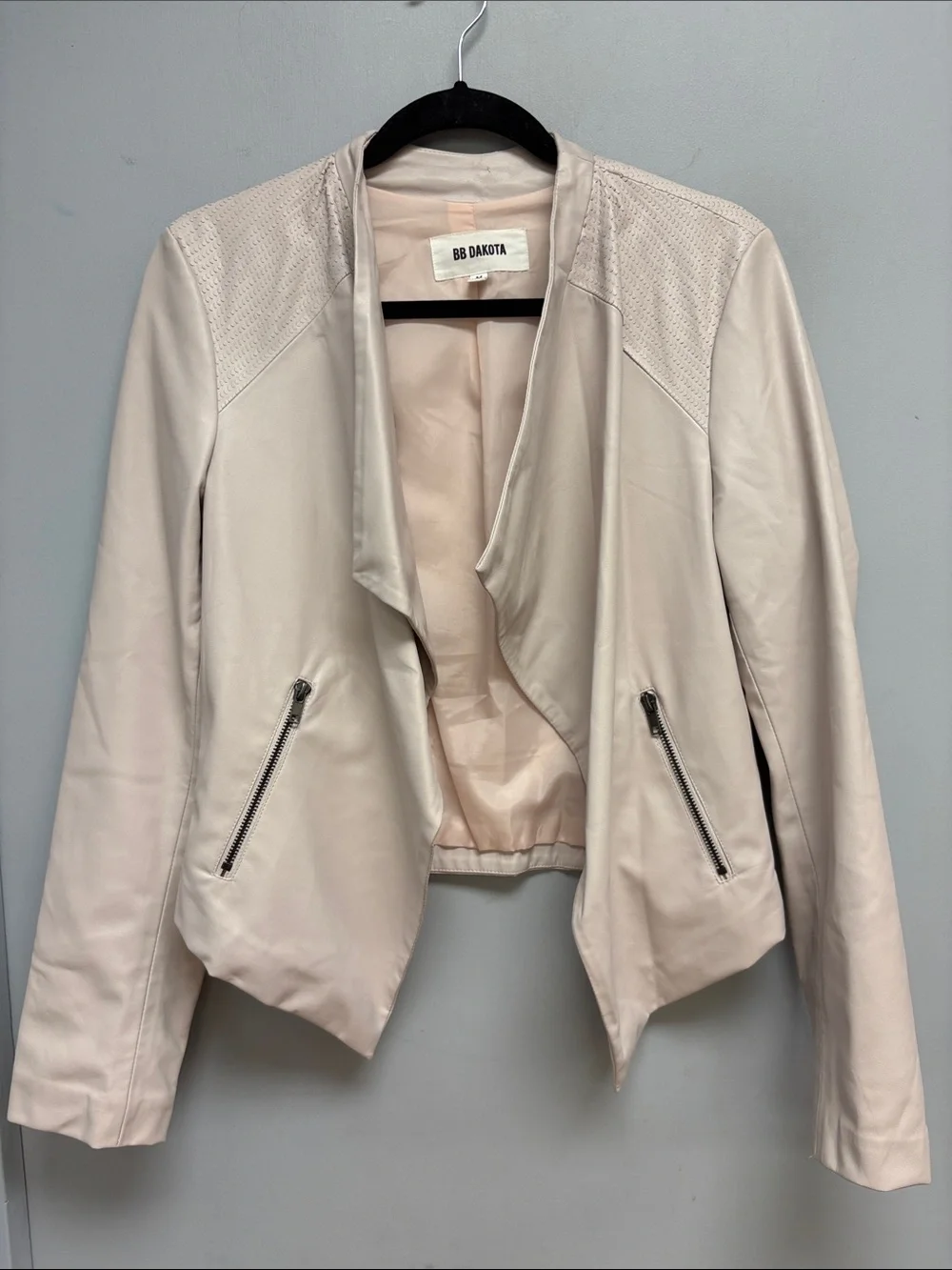 BB Dakota Faux Leather Drape Front Moto Jacket Blush Pink Open Front Medium